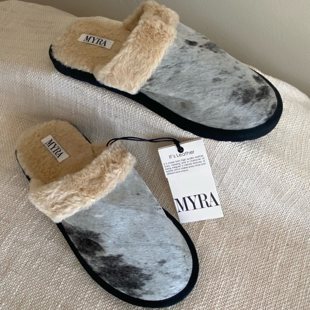 Myra fur & leather slides with rubber sole